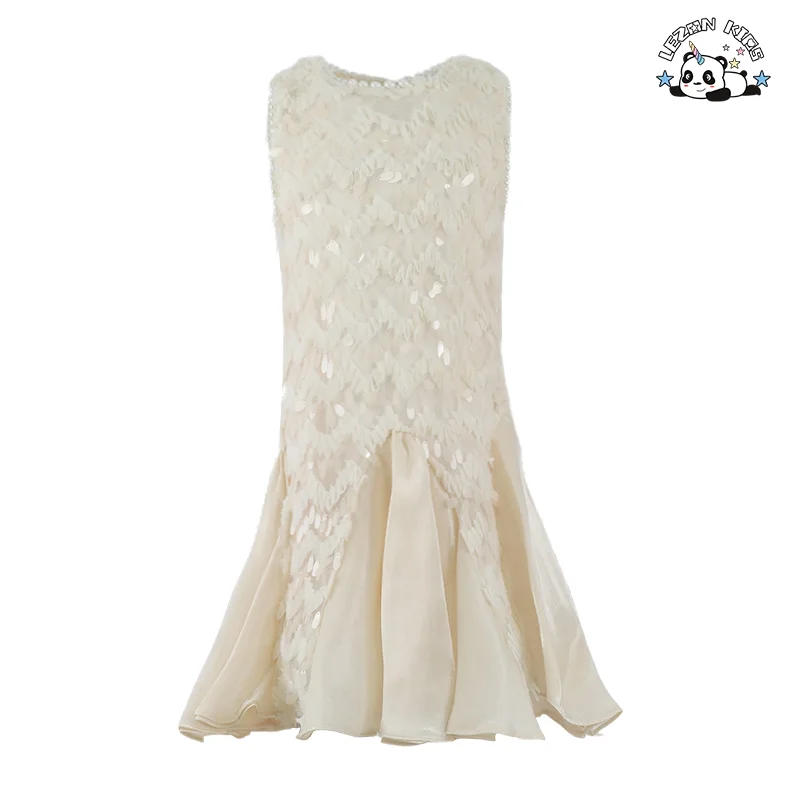 LEZONKIDS - Vestido de Festa sem Manga para Crianças com Decoração de Pérola e Lantejoulas